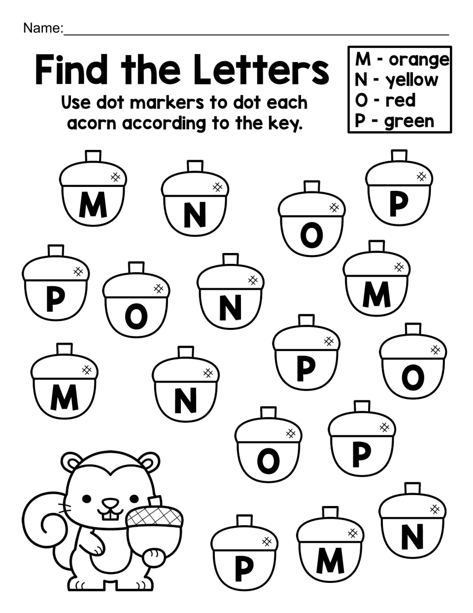 Find the Letters, capital M to P: students identify each acorn's letter and dot it, M orange, N yellow, O red, P green