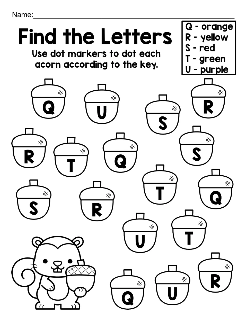 Find the Letters, capital Q to U: students dot acorns by a five-color key, Q orange, R yellow, S red, T green and U purple