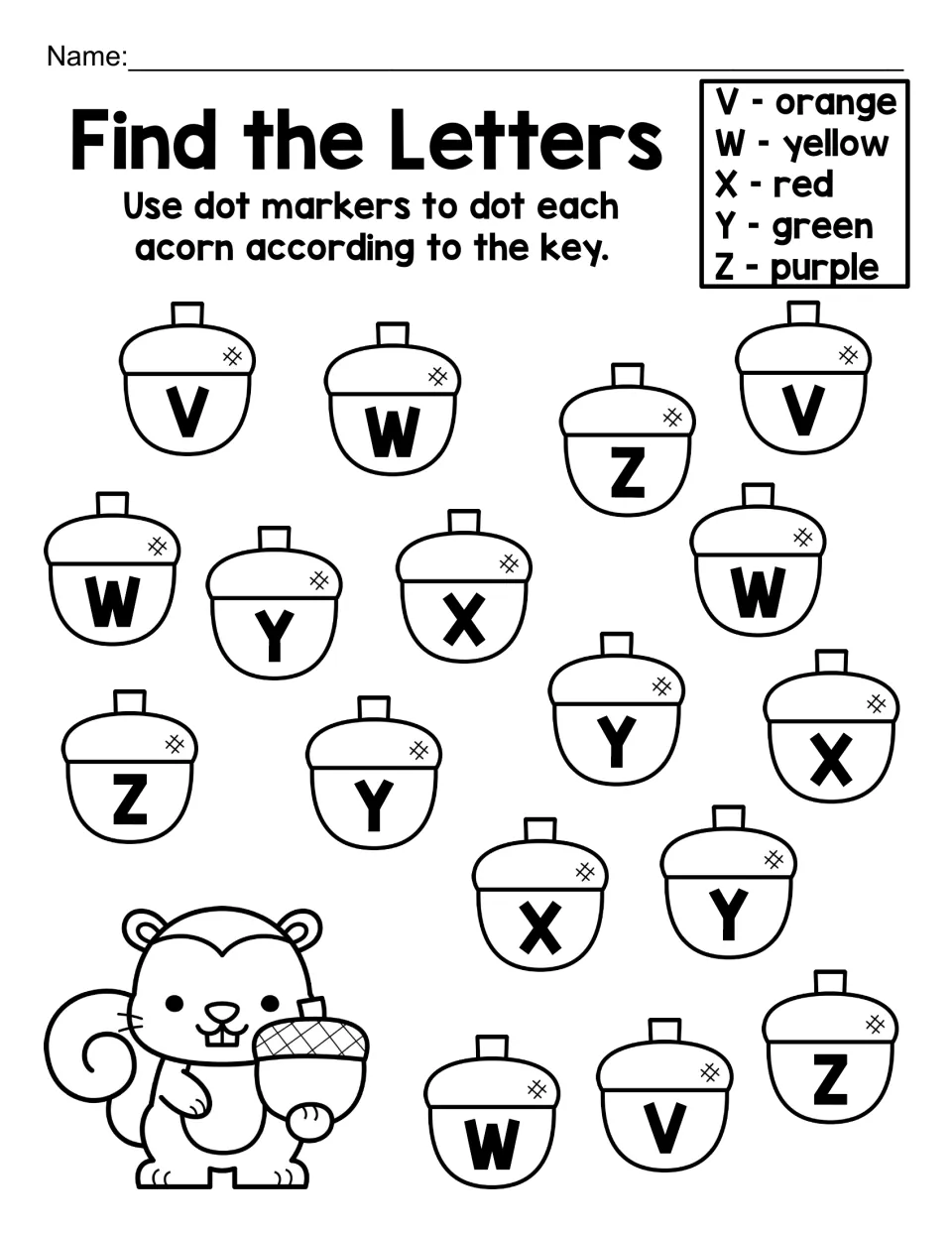 Find the Letters, capital V to Z: students spot each letter on acorns and dot V orange, W yellow, X red, Y green, Z purple
