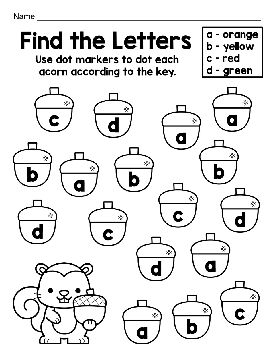 Find the Letters, lowercase a to d: students dot 18 acorns by letter using the key, a orange, b yellow, c red and d green