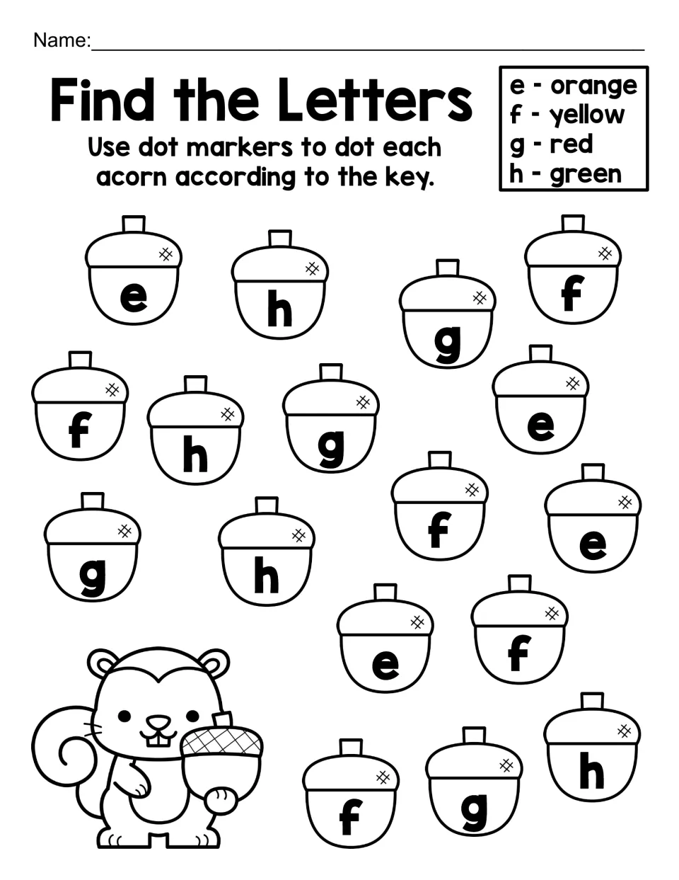 Find the Letters, lowercase e to h: students find each small letter on the acorns and dot e orange, f yellow, g red, h green