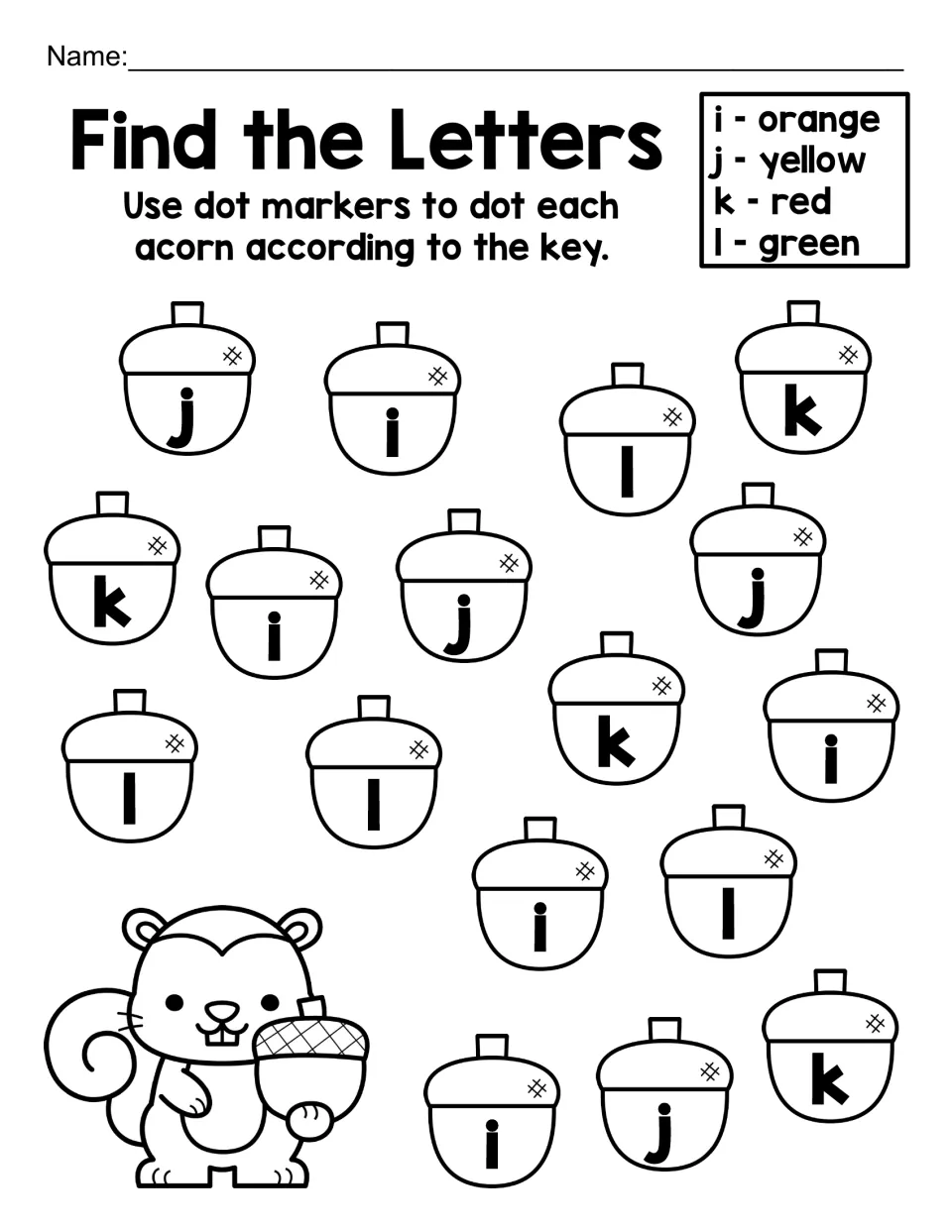 Find the Letters, lowercase i to l: students tell apart look-alike letters and dot acorns i orange, j yellow, k red, l green