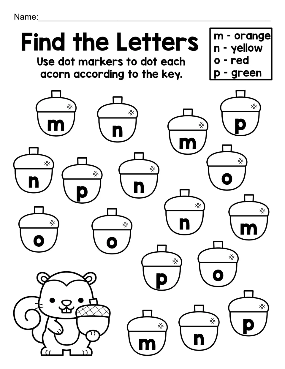 Find the Letters, lowercase m to p: students match acorn letters to the key and dot m orange, n yellow, o red and p green