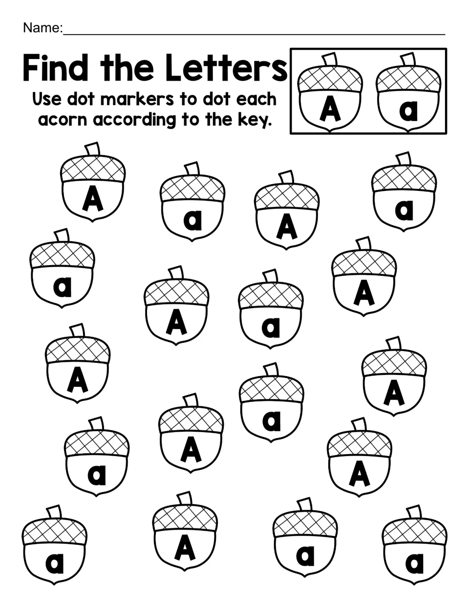 Letter A alphabet practice: dot 18 acorns showing uppercase A and lowercase a to match the letter key.