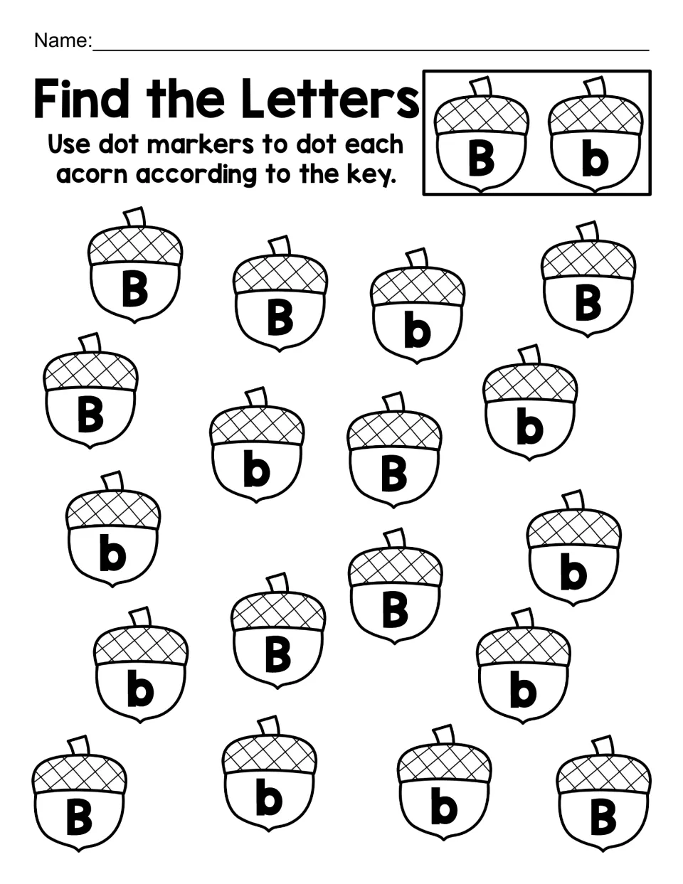 Letter B alphabet practice: dot 18 acorns showing uppercase B and lowercase b to match the letter key.