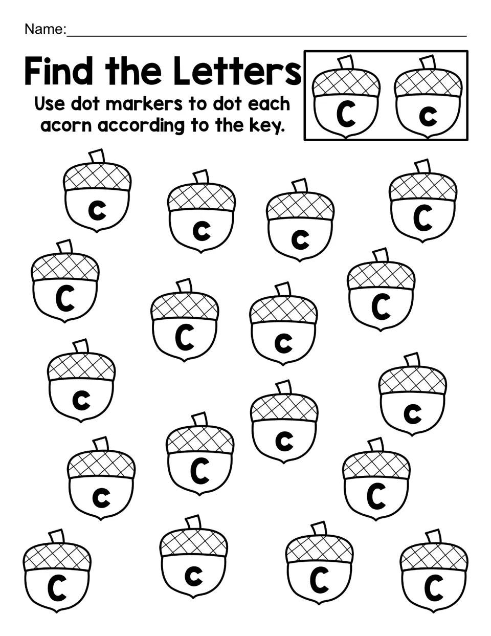 Letter C alphabet practice: dot 18 acorns showing uppercase C and lowercase c to match the letter key.