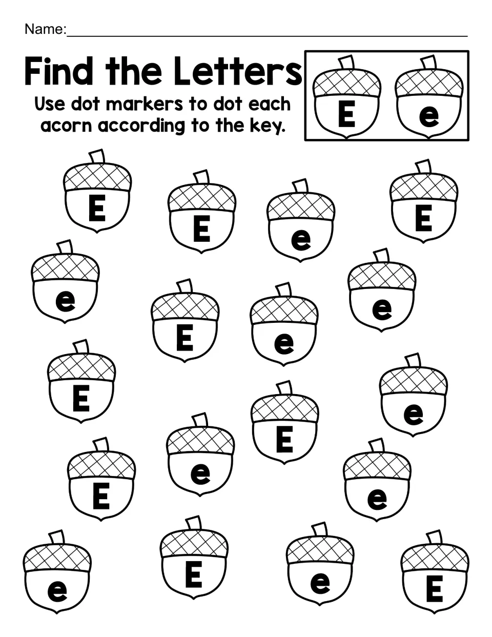 Letter E alphabet practice: dot 18 acorns showing uppercase E and lowercase e to match the letter key.
