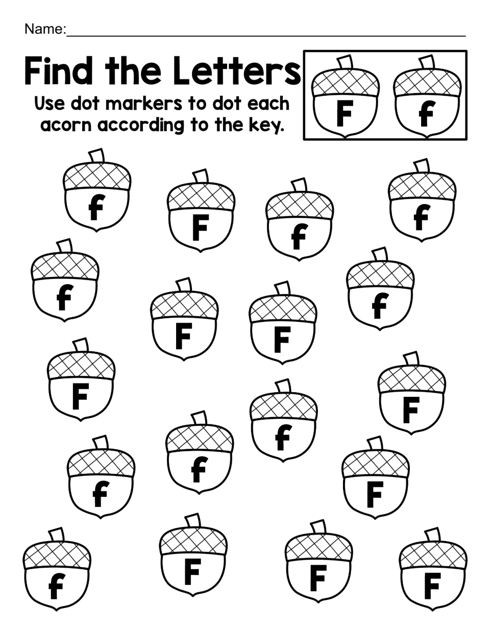 Letter F alphabet practice: dot 18 acorns showing uppercase F and lowercase f to match the letter key.