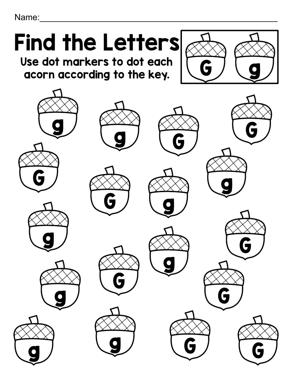 Letter G alphabet practice: dot 18 acorns showing uppercase G and lowercase g to match the letter key.