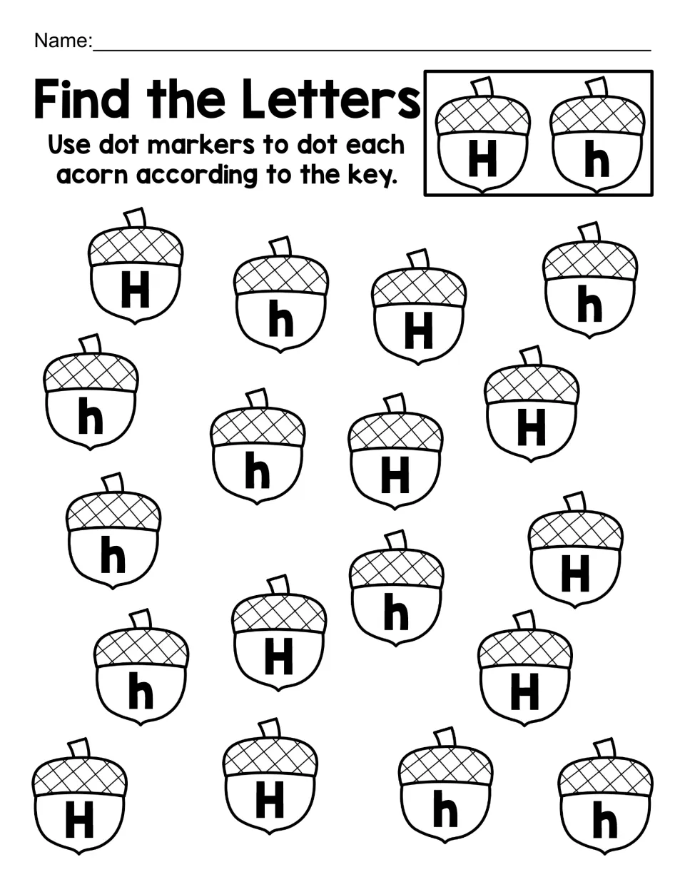 Letter H alphabet practice: dot 18 acorns showing uppercase H and lowercase h to match the letter key.