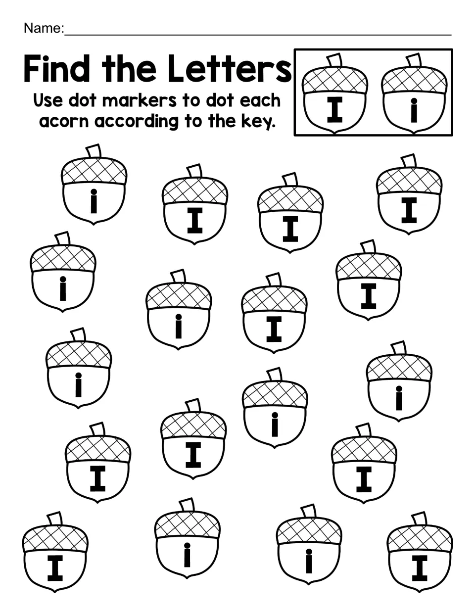 Letter I alphabet practice: dot 18 acorns showing uppercase I and lowercase i to match the letter key.