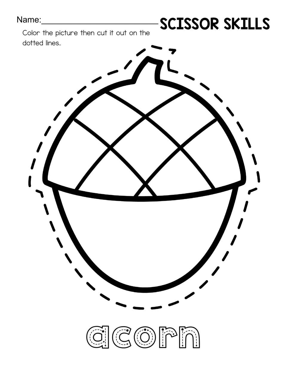 Color-and-cut activity featuring a round acorn with a crisscross cap and the word 'acorn' to trace.