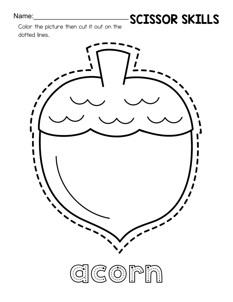 Color-and-cut activity featuring a pointed acorn with a scalloped cap and the word 'acorn' to trace.