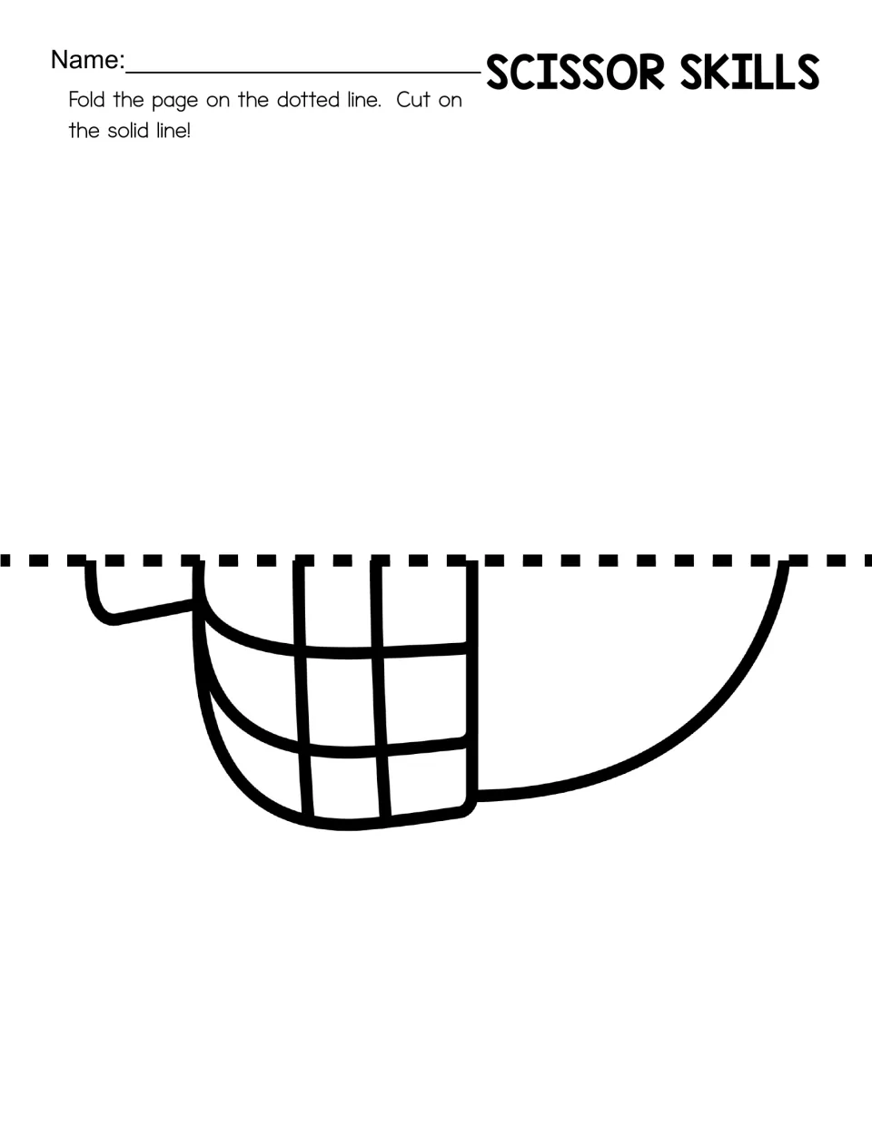 Fold-and-cut acorn craft template with a patterned cap; students fold on the dotted guide before cutting.
