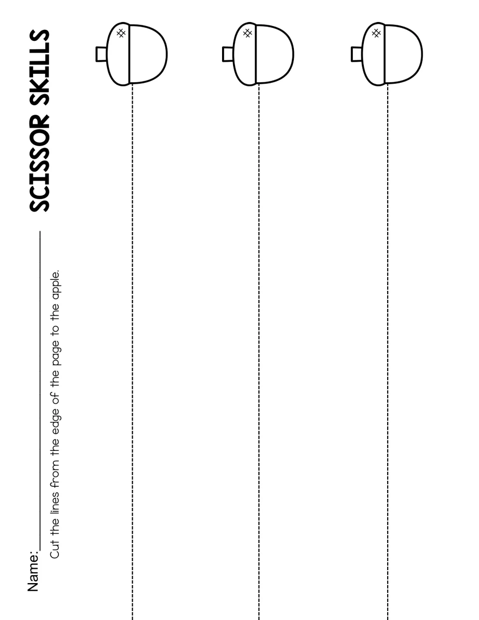 Straight-path cutting practice with three routes from the paper's edge to acorn pictures at the ends.