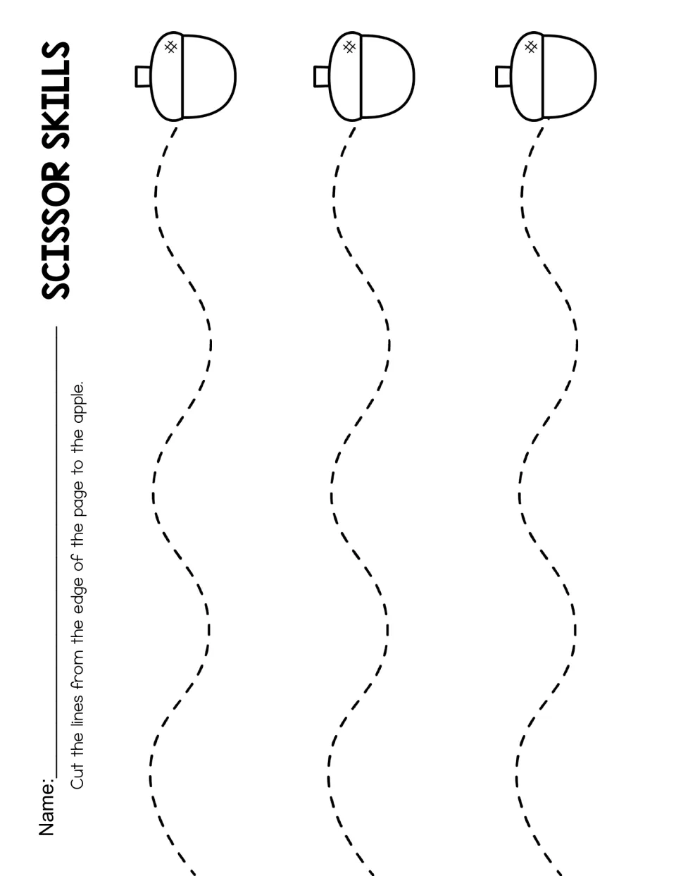 Curved-path cutting practice with three gently waving routes that end at acorn pictures for stopping.