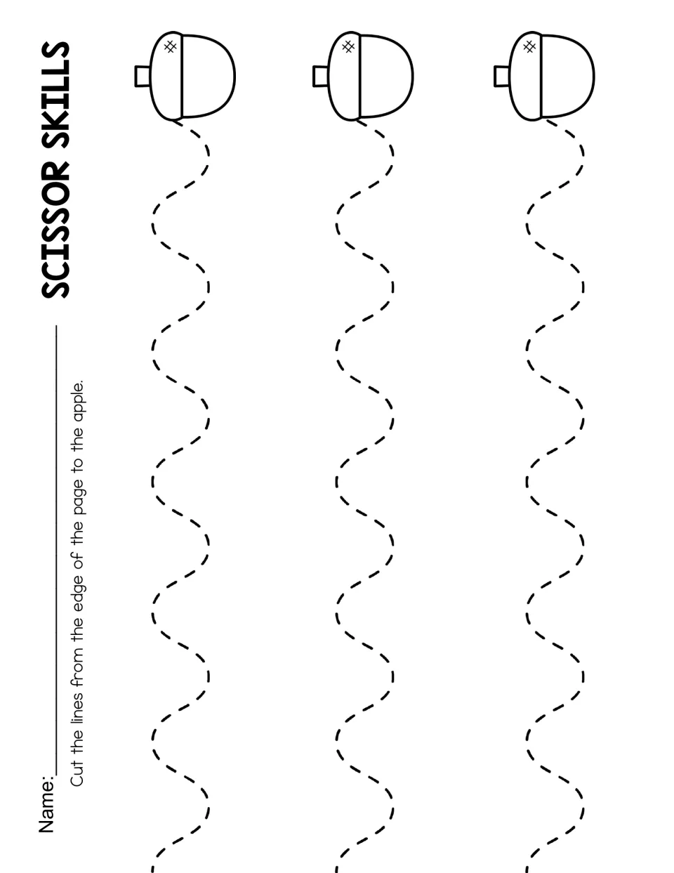 Curved-path cutting practice with three tightly waving routes that end at acorn pictures for stopping.