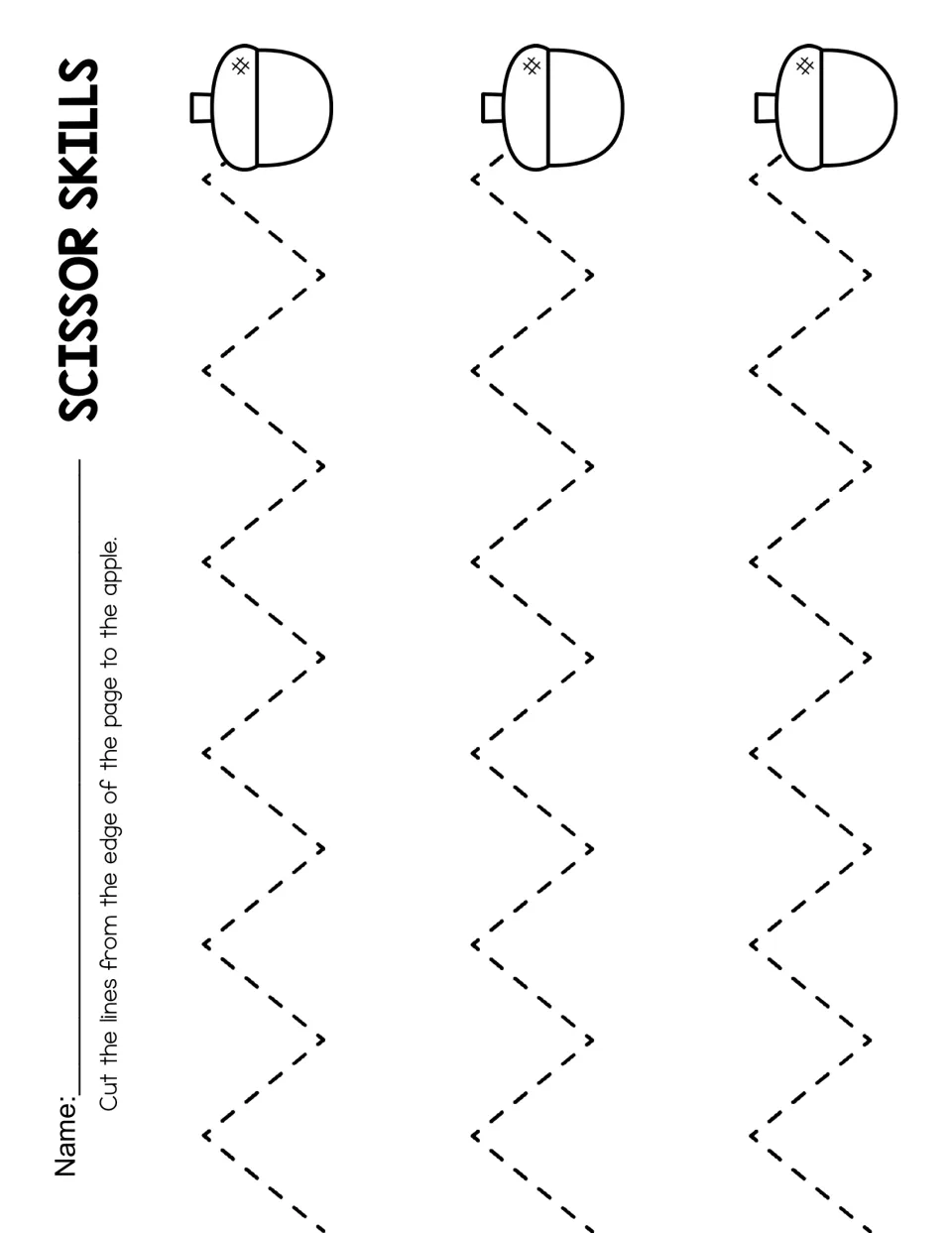 Zigzag cutting practice with three pointed back-and-forth paths from the paper's edge to acorn pictures.