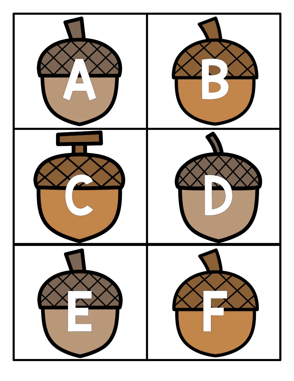 Uppercase letters A to F: six brown acorn cards, each with one white capital letter, to cut apart for letter recognition