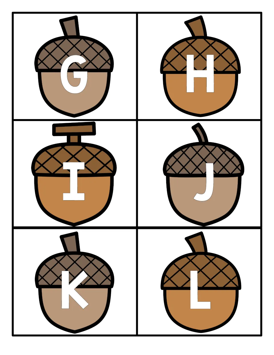 Uppercase letters G to L: six acorn cards, one capital letter on each, for naming and matching letters in games