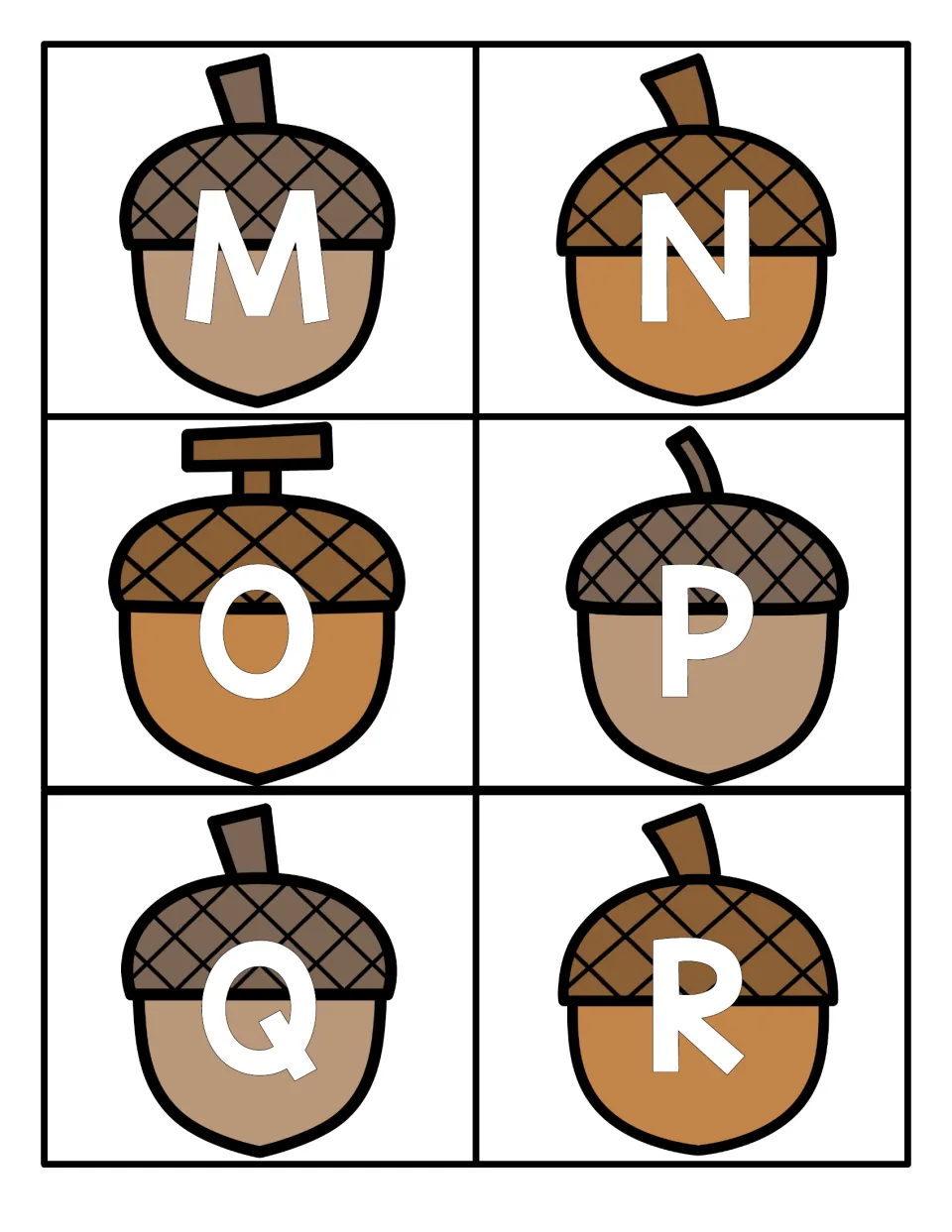 Uppercase letters M to R on six acorn cards, a white capital letter on each nut, for letter identification practice