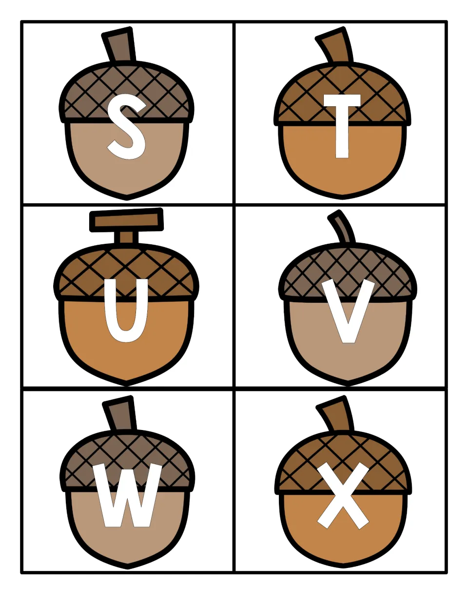 Uppercase letters S to X: six acorn cards with one capital letter each, to cut out for letter recognition games