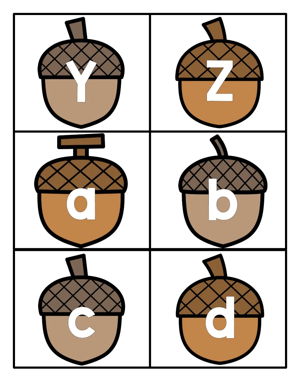 Capital Y and Z finish the uppercase set; lowercase a, b, c and d begin the small-letter acorn cards on the same sheet