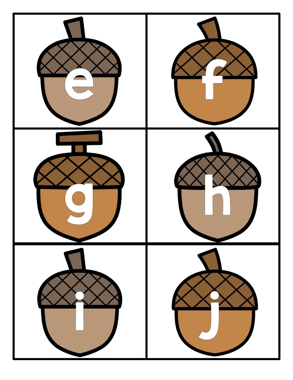 Lowercase letters e to j: six acorn cards, each with one small letter, for recognizing and naming lowercase letters