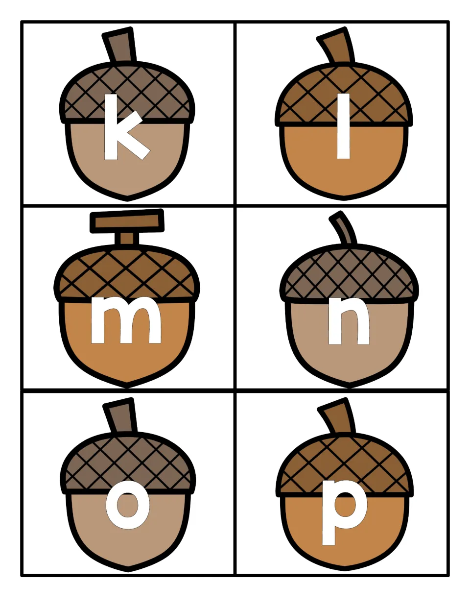 Lowercase letters k to p on six acorn cards, a white small letter on each nut, for lowercase letter identification