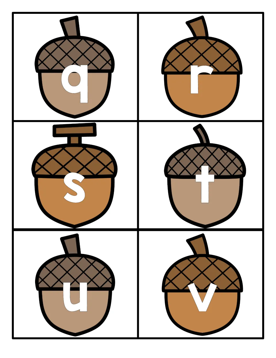 Lowercase letters q to v: six acorn cards with one small letter each, to cut apart for letter naming and matching games