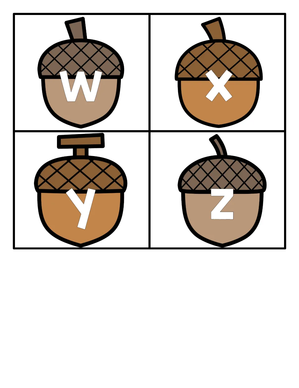 Lowercase letters w, x, y and z on four acorn cards, completing the small-letter set for letter recognition games