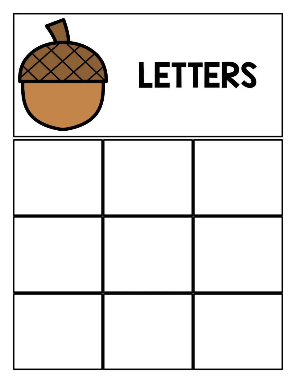Letters sorting mat with an acorn and the heading LETTERS, where students place letter acorn cards in nine spaces