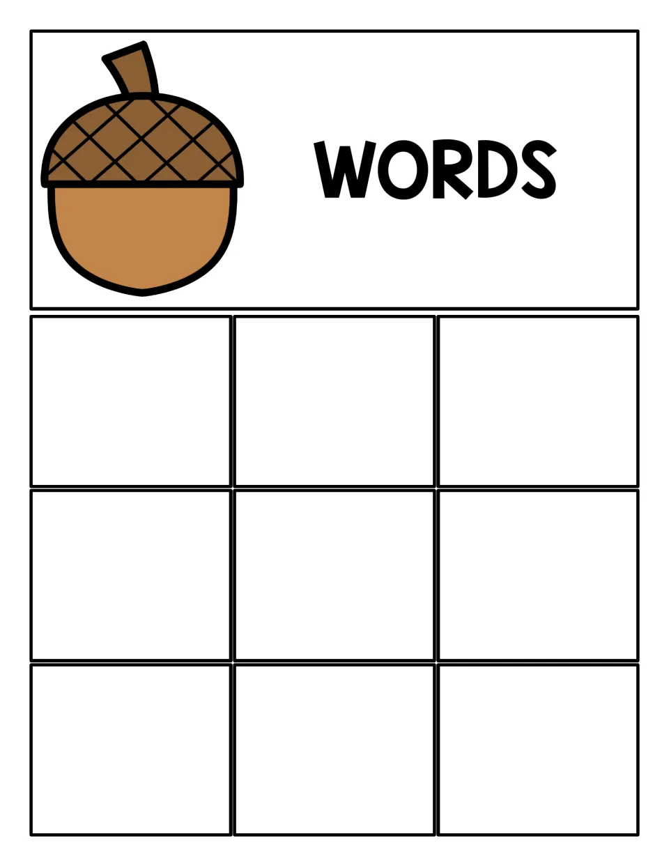 Words sorting mat with an acorn and the heading WORDS, where students place word acorn cards in nine spaces