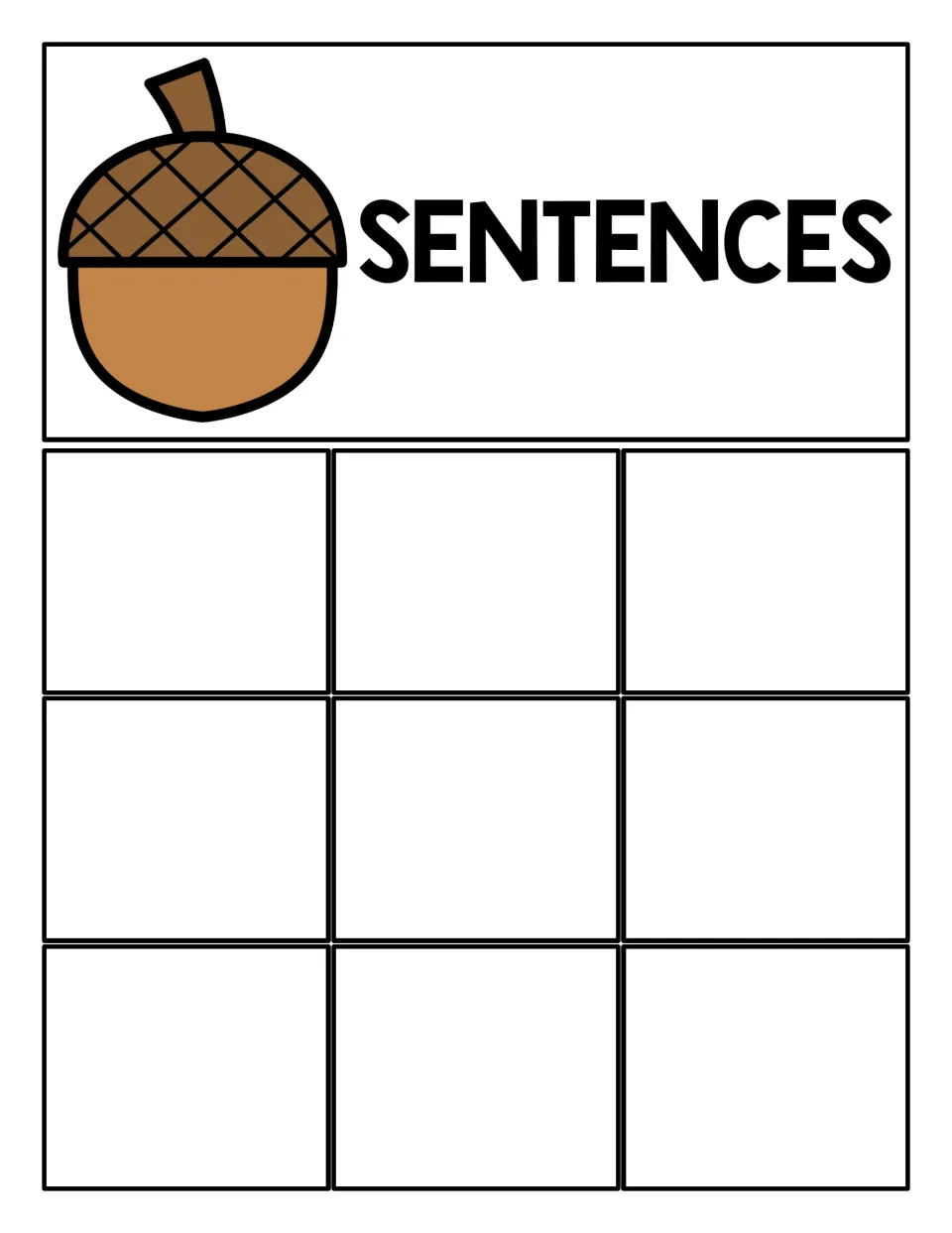 Sentences sorting mat with an acorn and the heading SENTENCES, where students place sentence cards in nine spaces