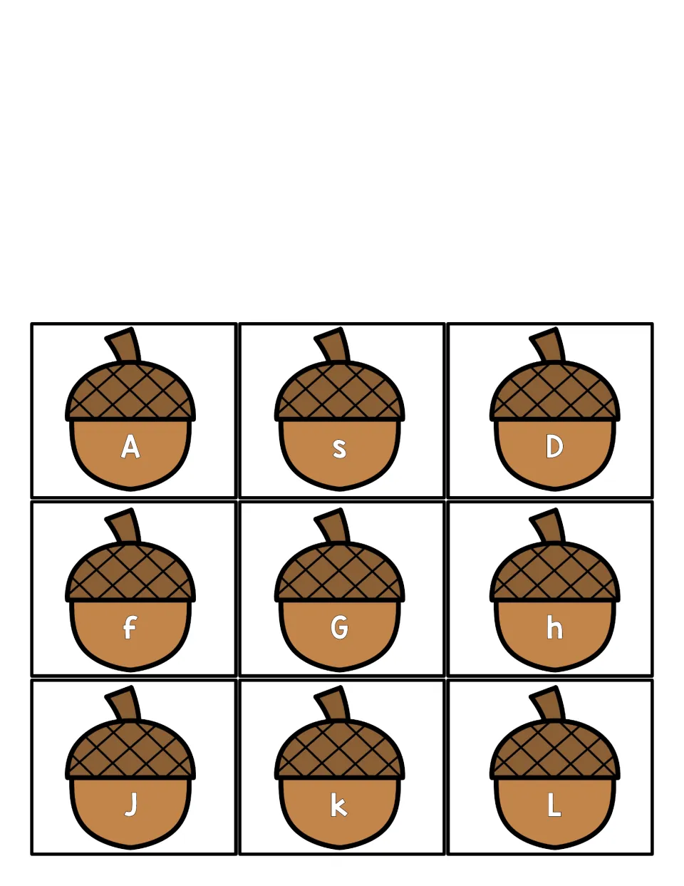 Letter acorn cards A, s, D, f, G, h, J, k and L in upper and lower case, cut-out pieces for the letters sort
