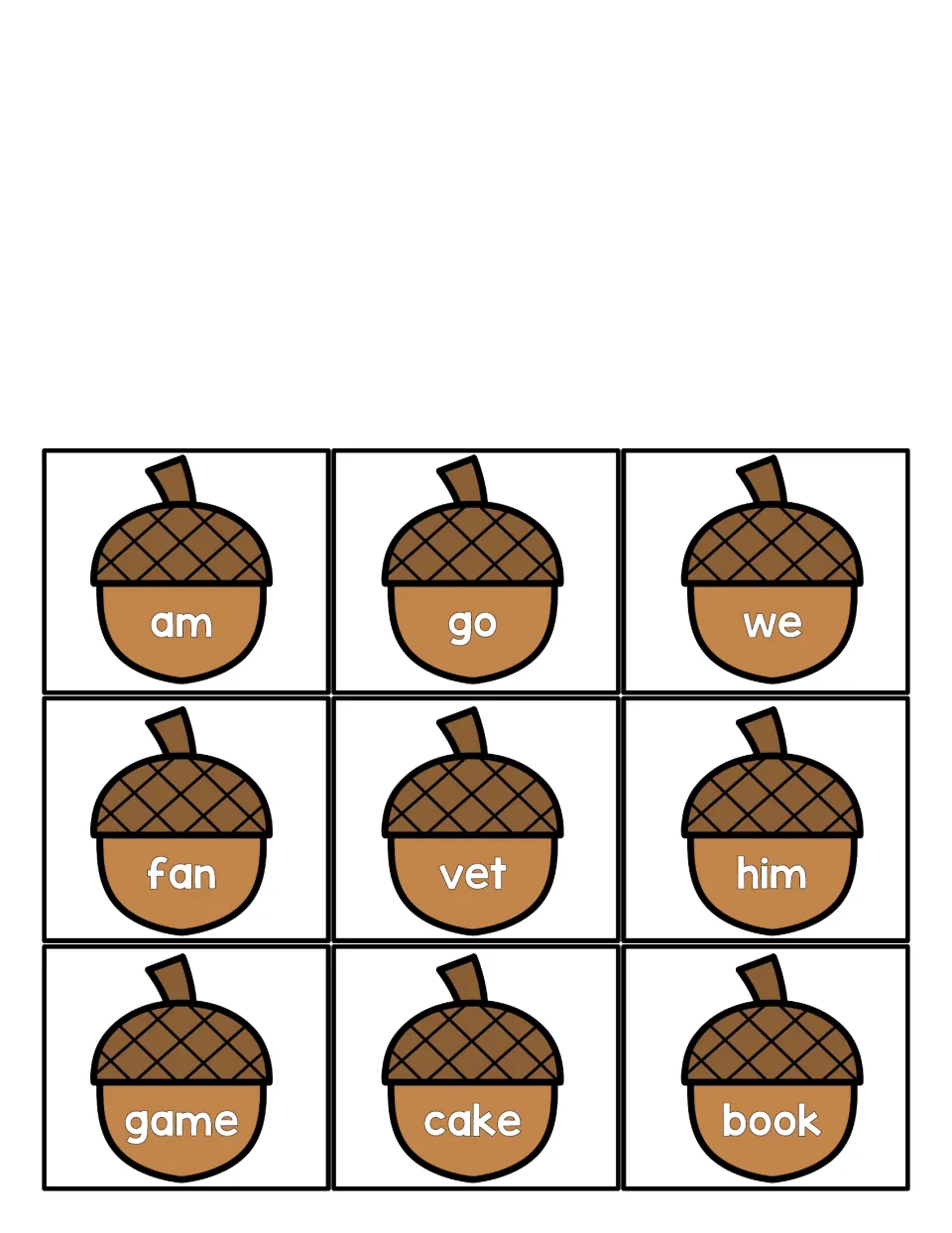 Word acorn cards am, go, we, fan, vet, him, game, cake and book, cut-out pieces for students to sort as words