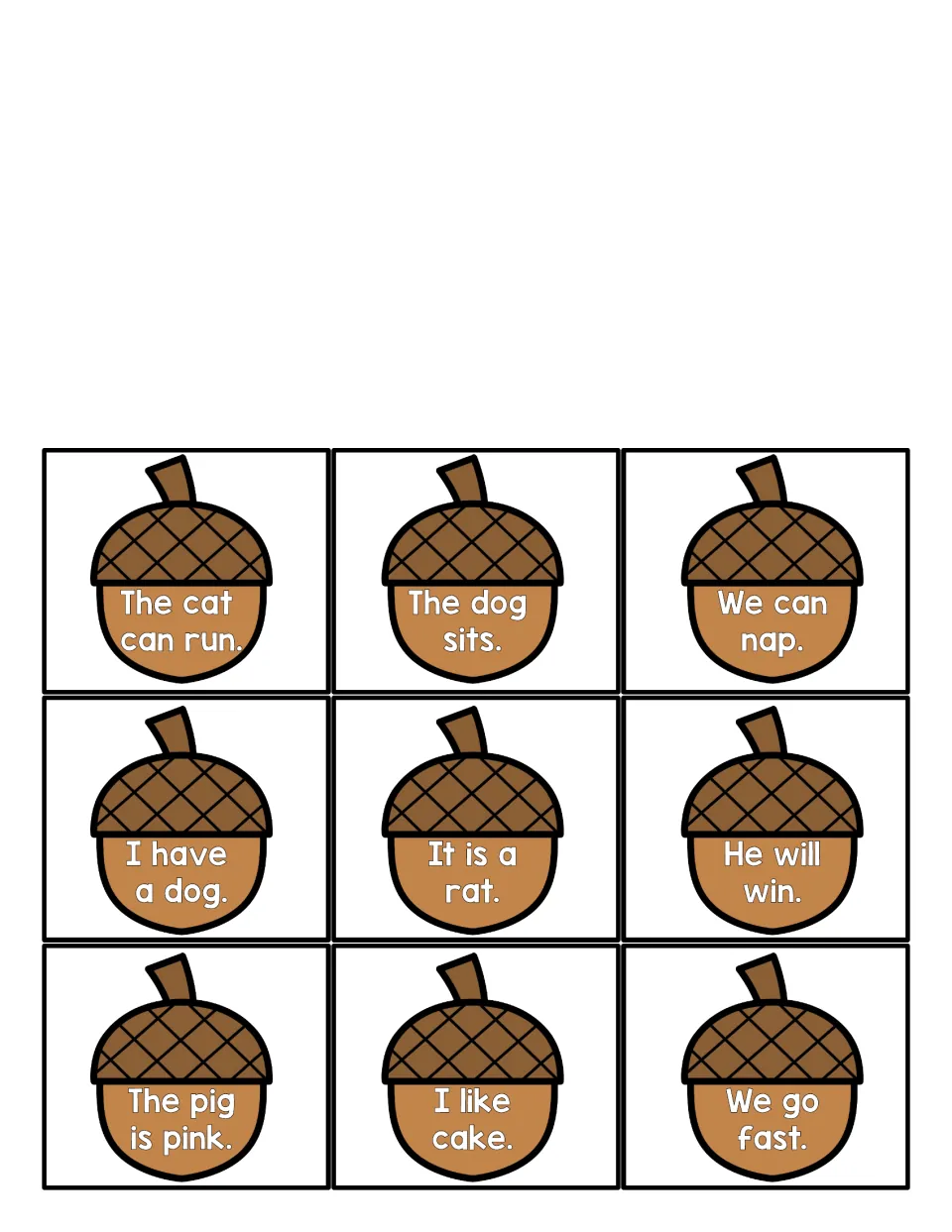 Sentence acorn cards such as The cat can run. and We go fast., nine cut-out pieces for the sentences sort