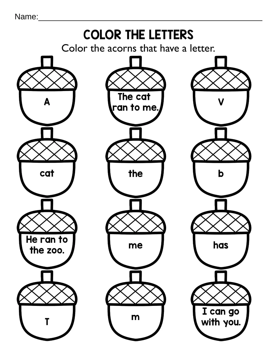 Color the letters: students color only acorns showing a single letter, such as A, V, b, T and m, not words or sentences