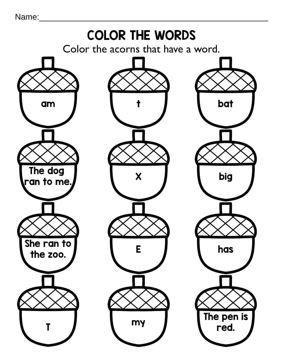 Color the words: students color only acorns showing a word, such as am, bat, big, has and my, not letters or sentences