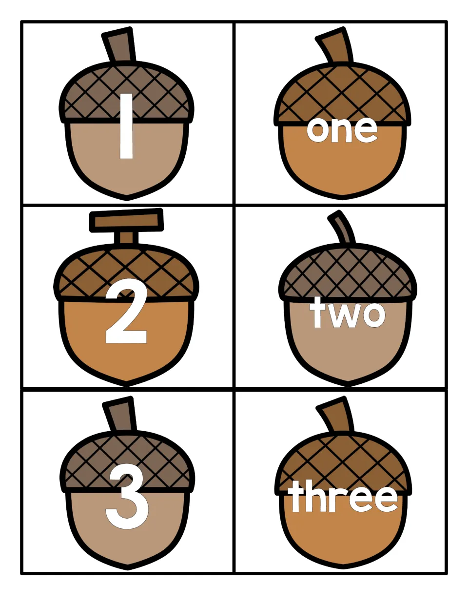 Numbers 1 to 3: acorn cards pair each numeral with its number word (one, two, three) for matching numerals to words