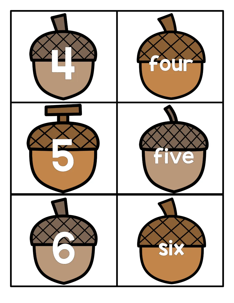 Numbers 4 to 6: acorn cards show the numerals 4, 5 and 6 beside the words four, five and six for numeral-word matching