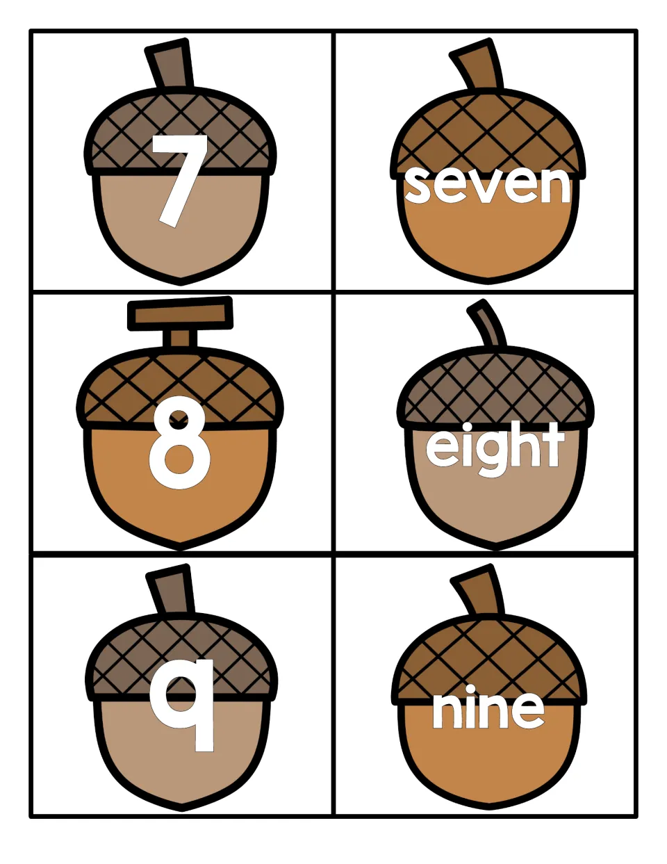 Numbers 7 to 9: acorn cards with numerals 7, 8 and 9 and the words seven, eight and nine to match each number to its word