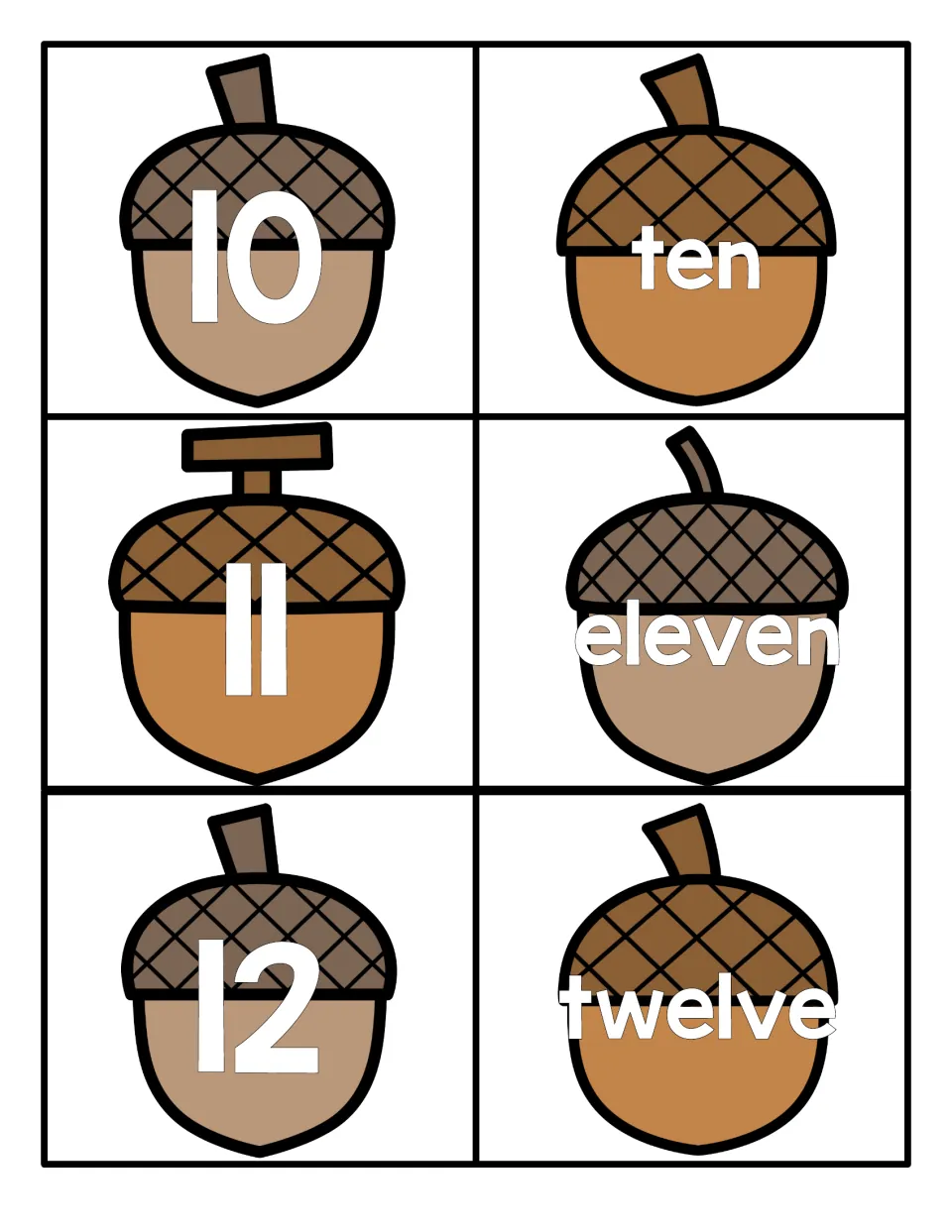 Numbers 10 to 12: acorn cards pair the numerals 10, 11 and 12 with the words ten, eleven and twelve for word matching