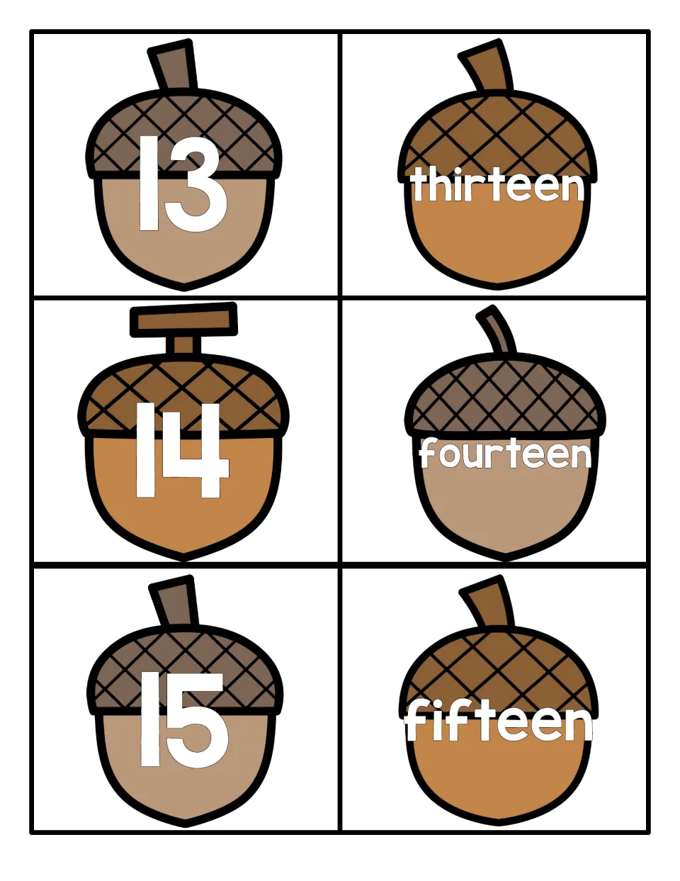 Teen numbers 13 to 15: acorn cards show 13, 14 and 15 with thirteen, fourteen and fifteen for numeral-word matching