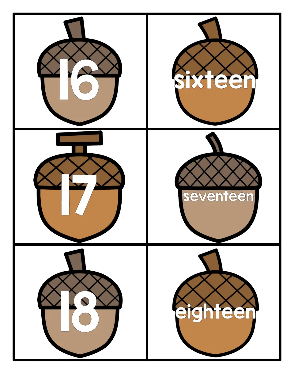 Teen numbers 16 to 18: acorn cards pair 16, 17 and 18 with the words sixteen, seventeen and eighteen for matching practice