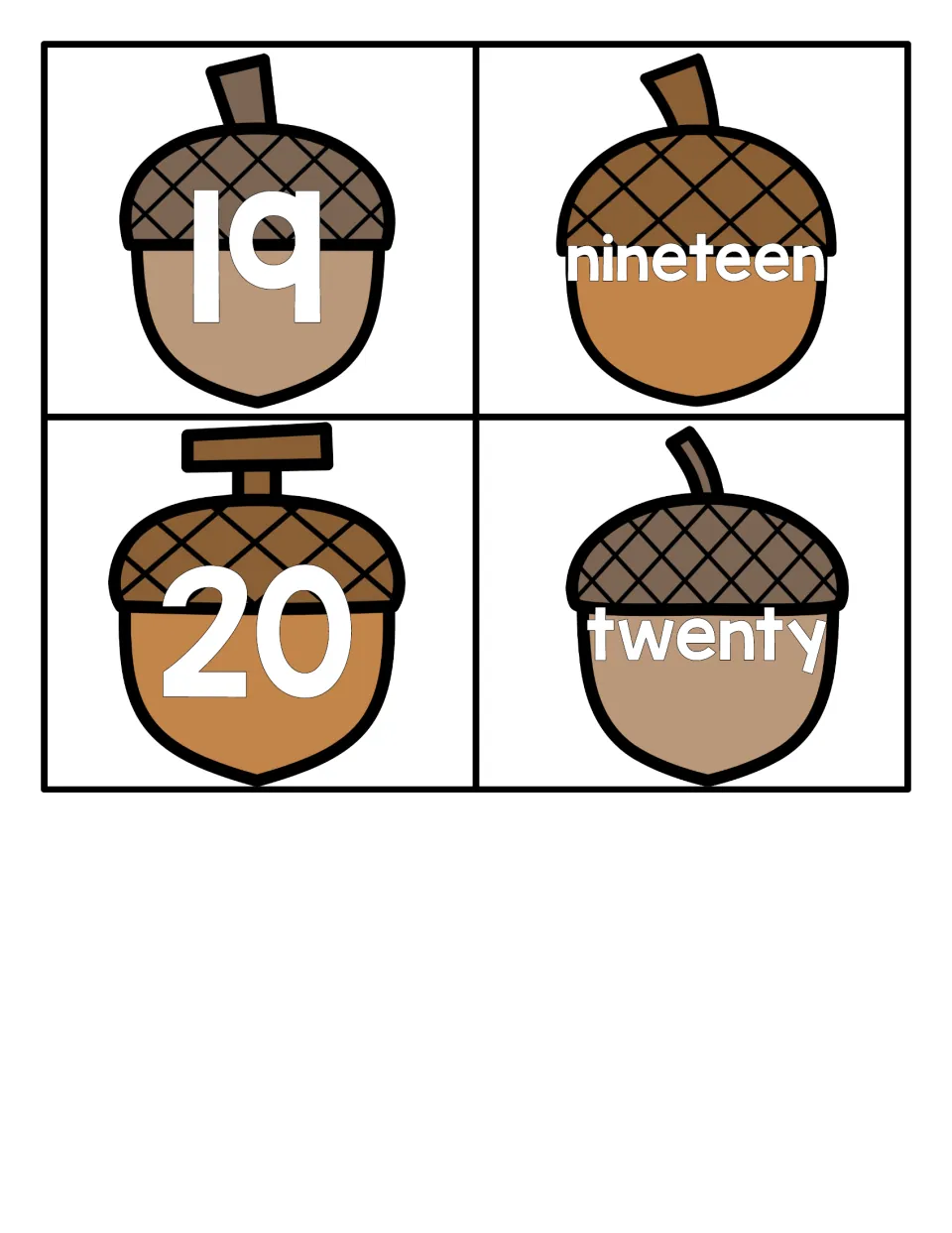 Numbers 19 and 20: acorn cards show the numerals 19 and 20 with the words nineteen and twenty to complete the matching set