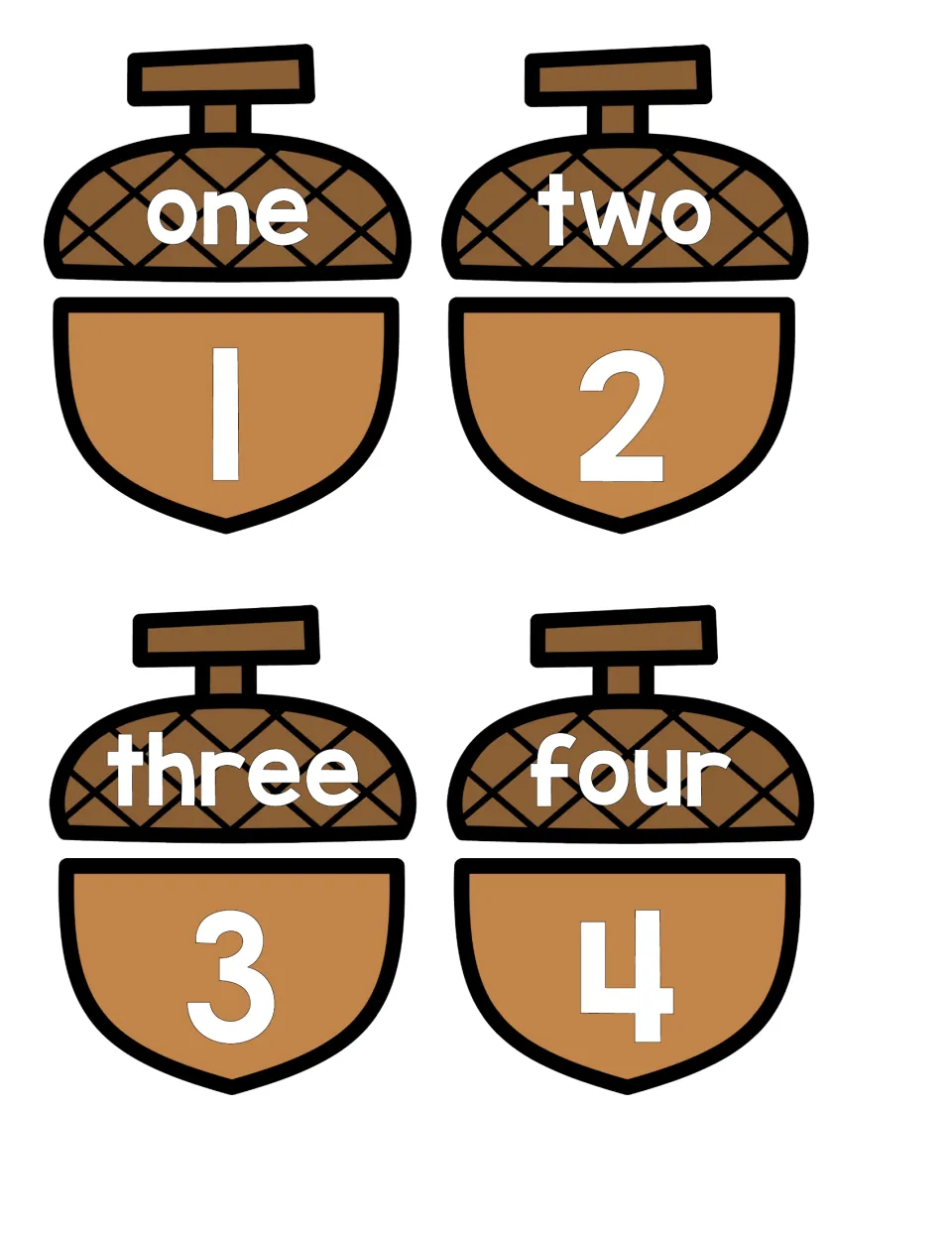 Number words 1-4: two-part acorn puzzles; students match each cap word, one to four, to the base with its numeral