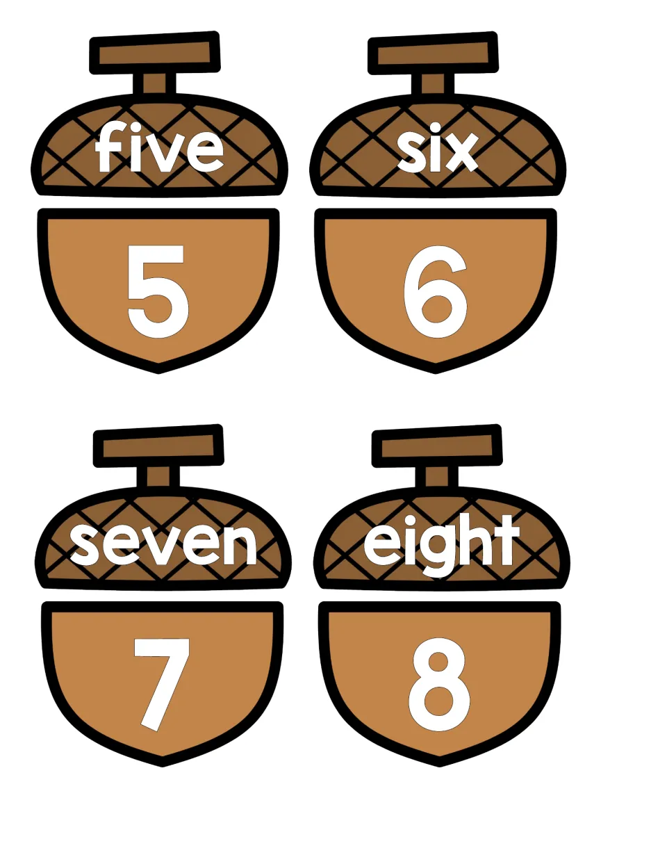 Number words 5-8: students join acorn caps reading five, six, seven and eight to bases showing each numeral