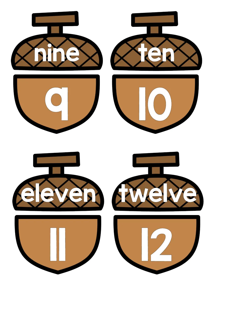 Number words 9-12: students pair acorn caps reading nine, ten, eleven and twelve with bases printed 9 to 12