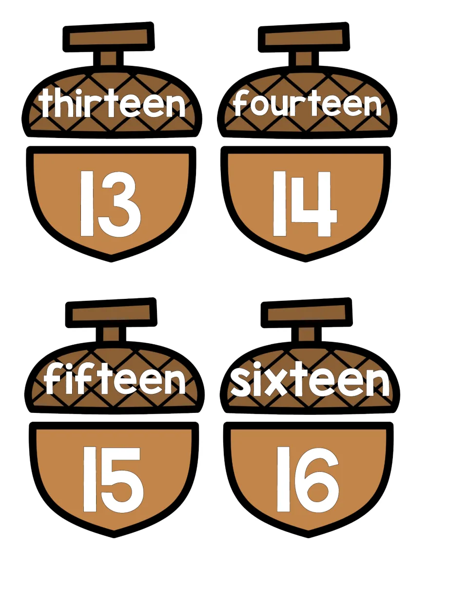 Teen number words 13-16: students match acorn caps reading thirteen to sixteen with bases printed 13 to 16